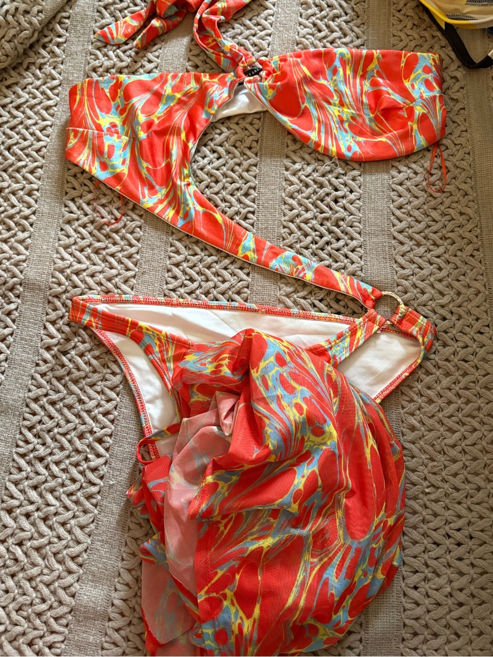 Women’s Orange Swirl Bandeau Bikini Set with Sarong